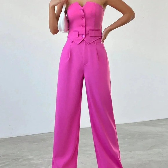 Hot Pink Casual Women's Strapless Button Up Top And Pants Set - Picture 1 of 6